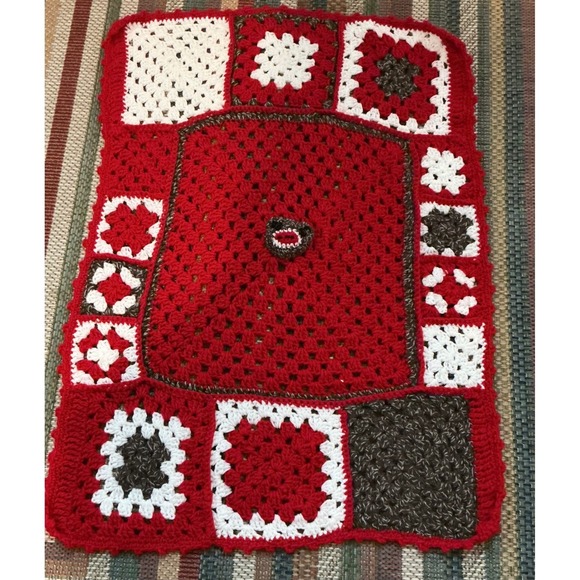Other - VTG Handmade Red White Brown Crochet Granny Square Sock‎ Monkey Face Kids Afghan